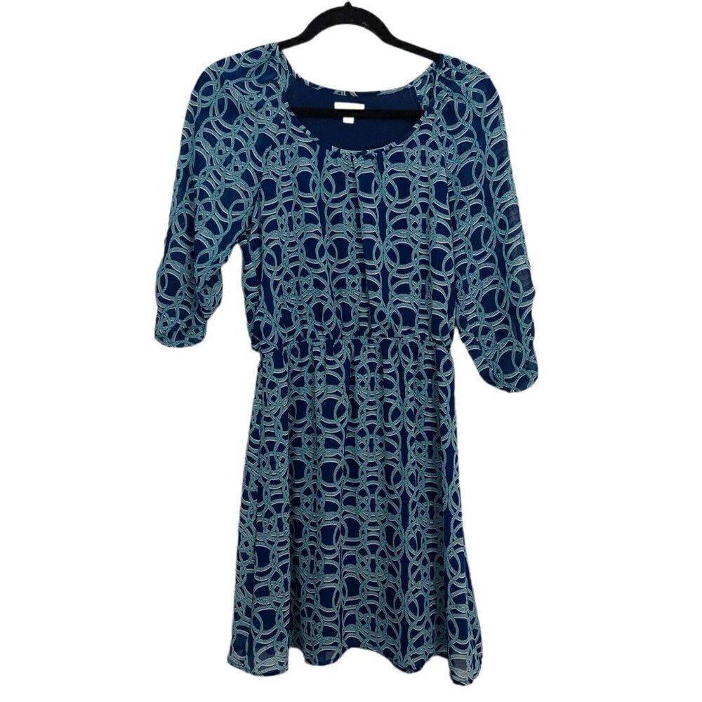 C DRESS S ,NAVY BLUE WITH ROPE DESIGNS IN PALE BLUE, BUTTON TAB SLEEVES, LINED